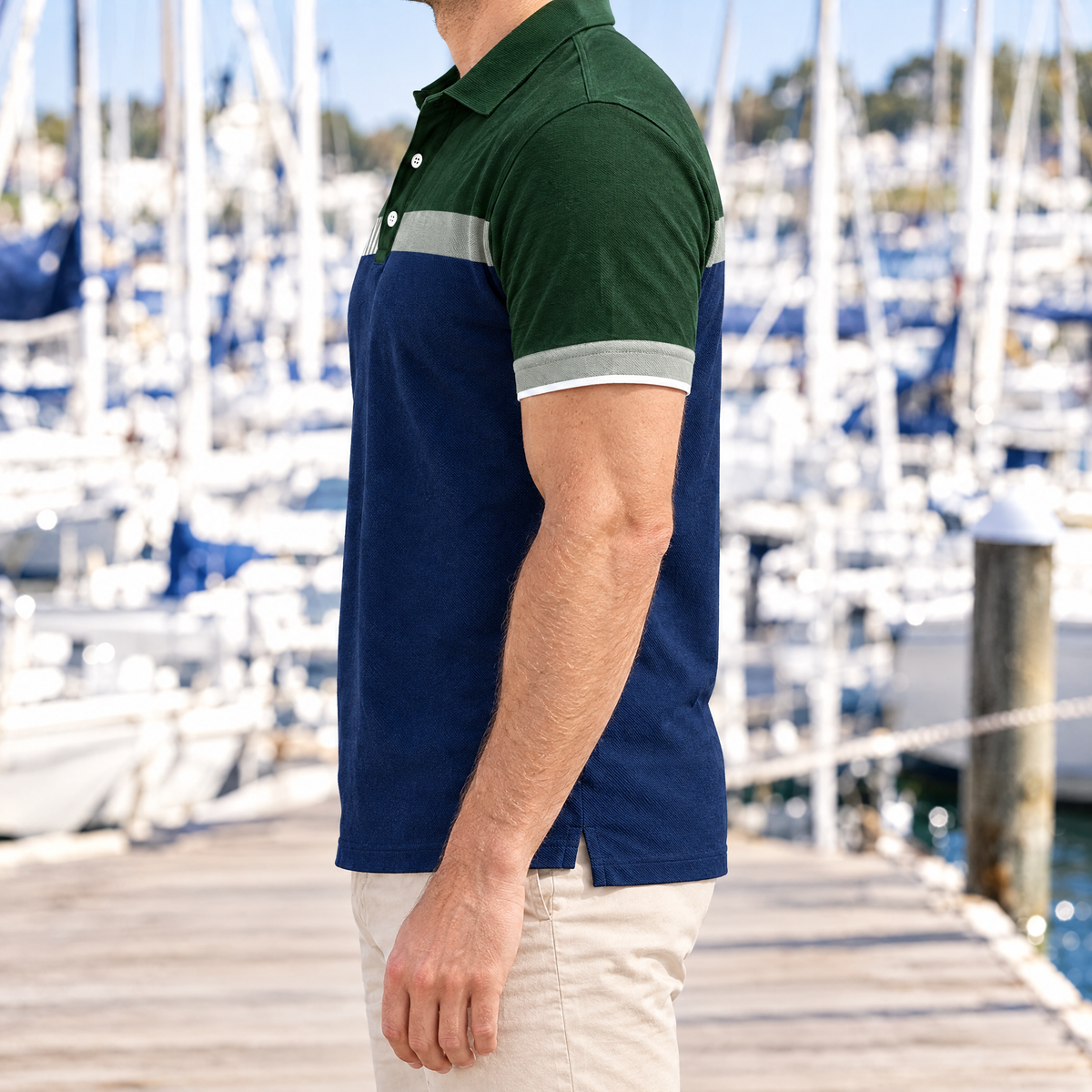Rafael men's color block polo in navy and green, side view