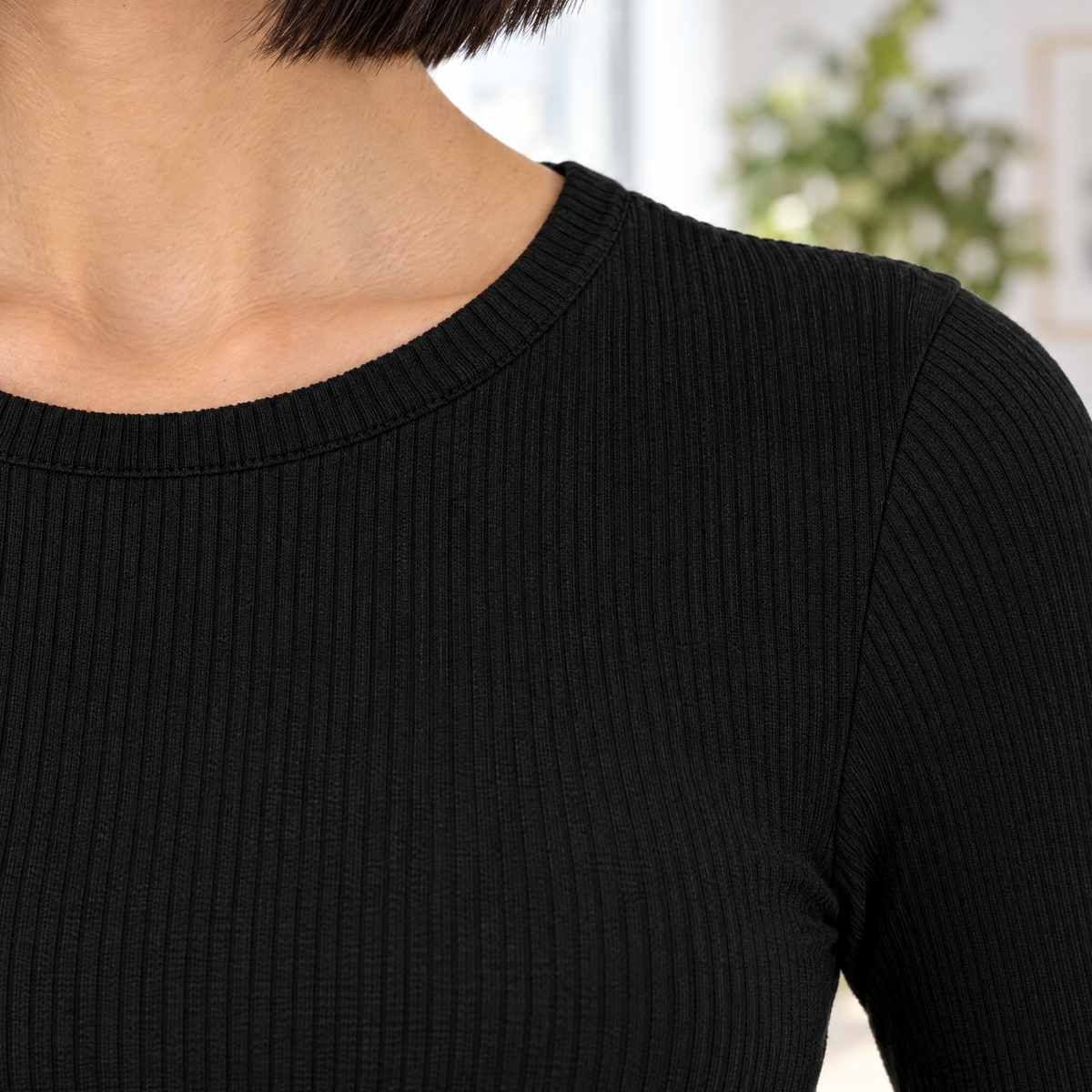 Allegra top crew neckline and rib knit, close-up