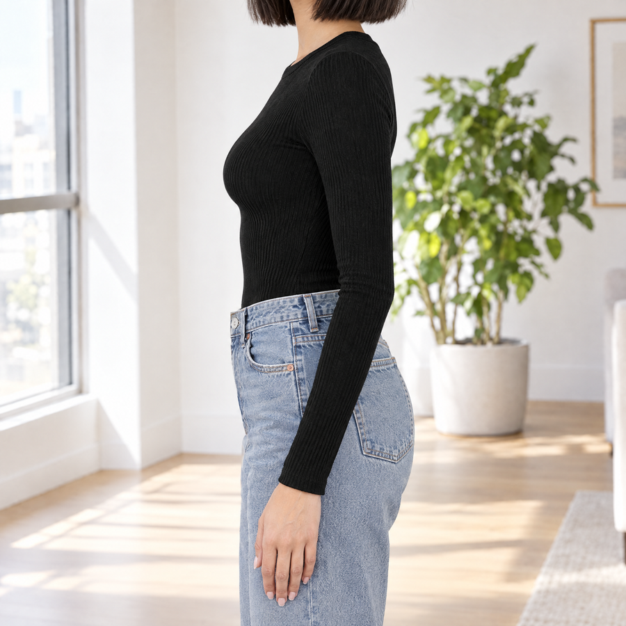 Allegra Rib Knit Long Sleeve Crew Neck Top for Women