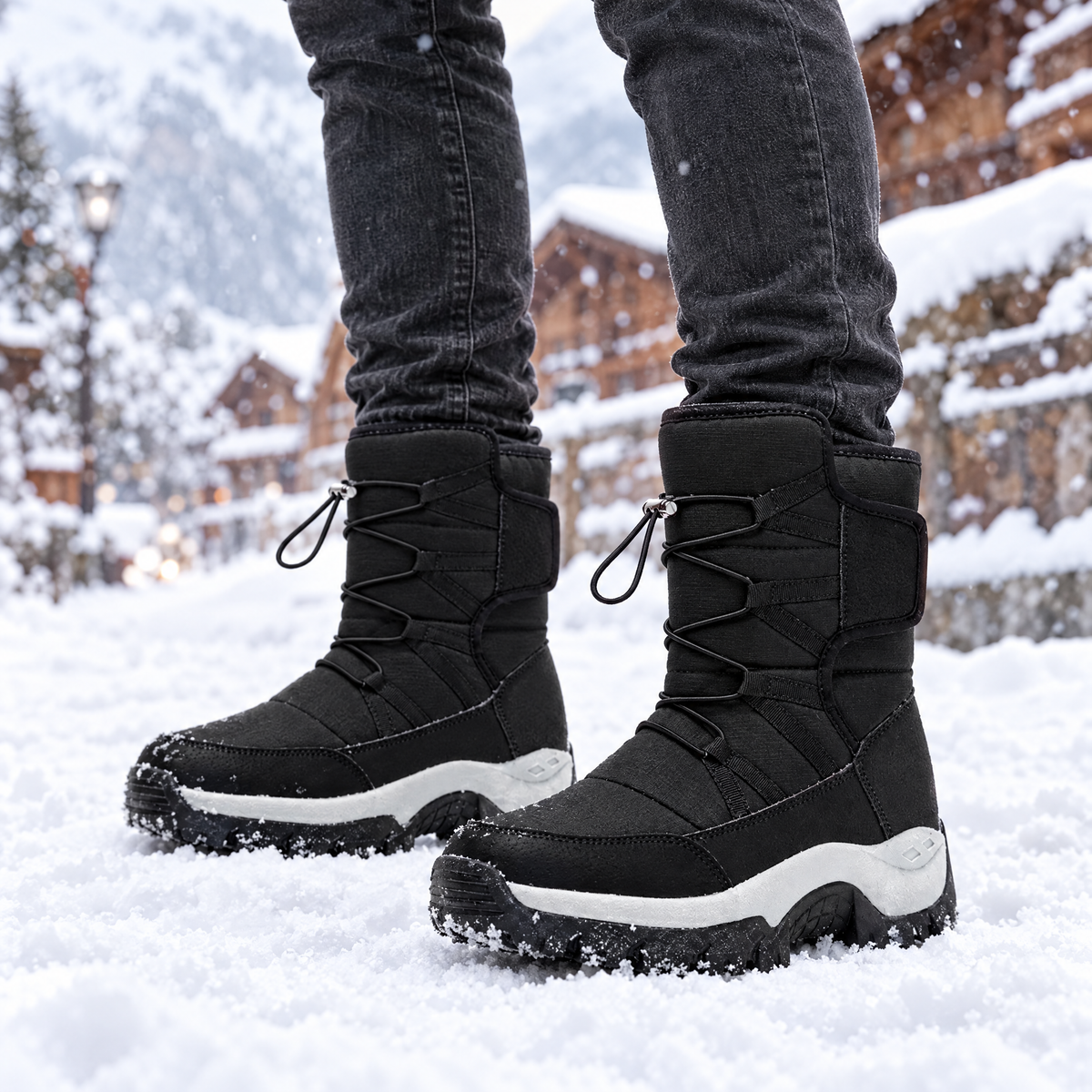 Fabio plush lined snow boots in black, worn in the snow