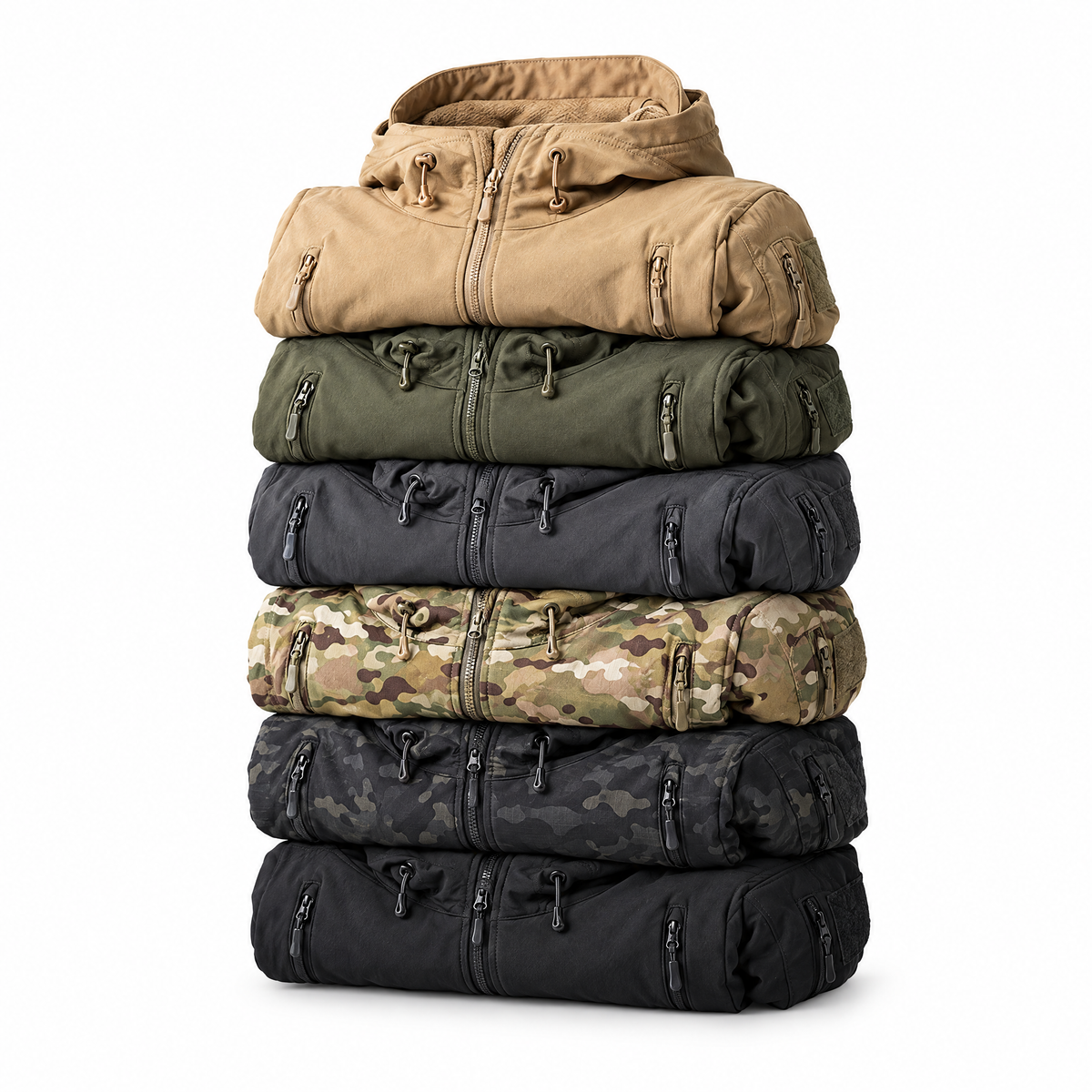 Ettore soft shell tactical jacket, all six colors folded and stacked
