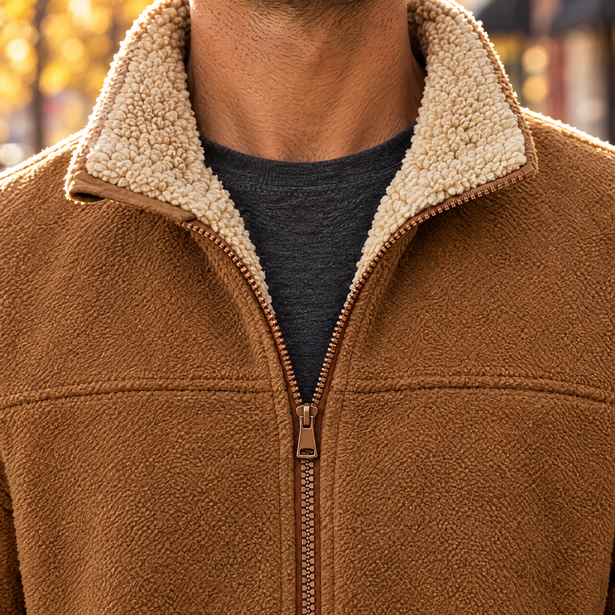 Cesare fleece jacket close-up of the plush lined stand collar and zipper