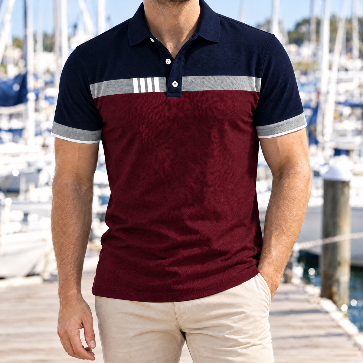 Rafael color block polo in burgundy and navy