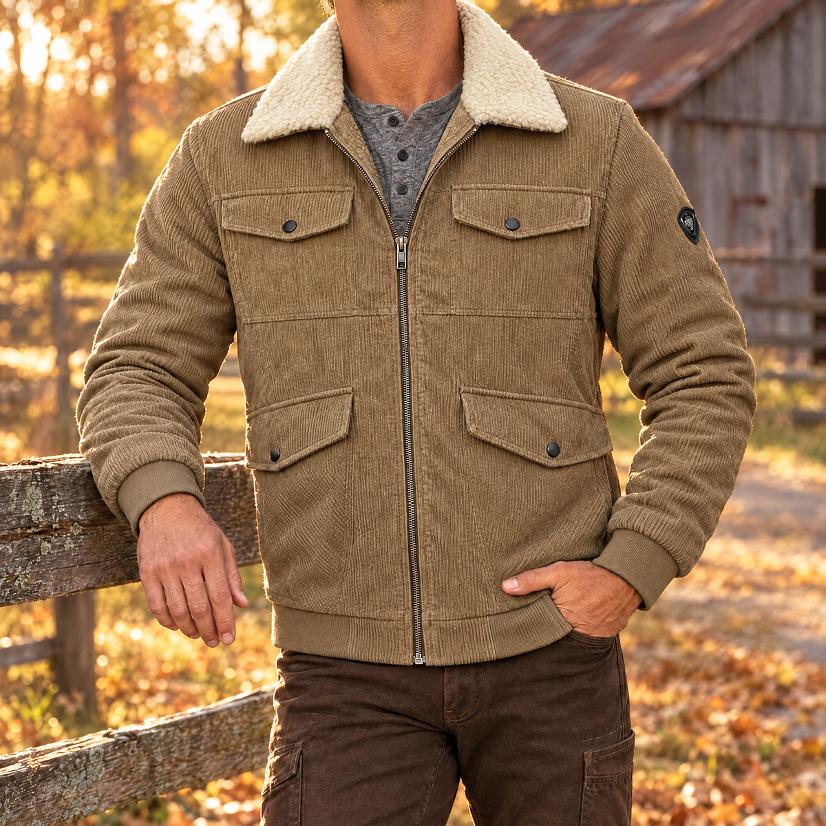 Gianni sherpa lined corduroy jacket in khaki with cream sherpa collar