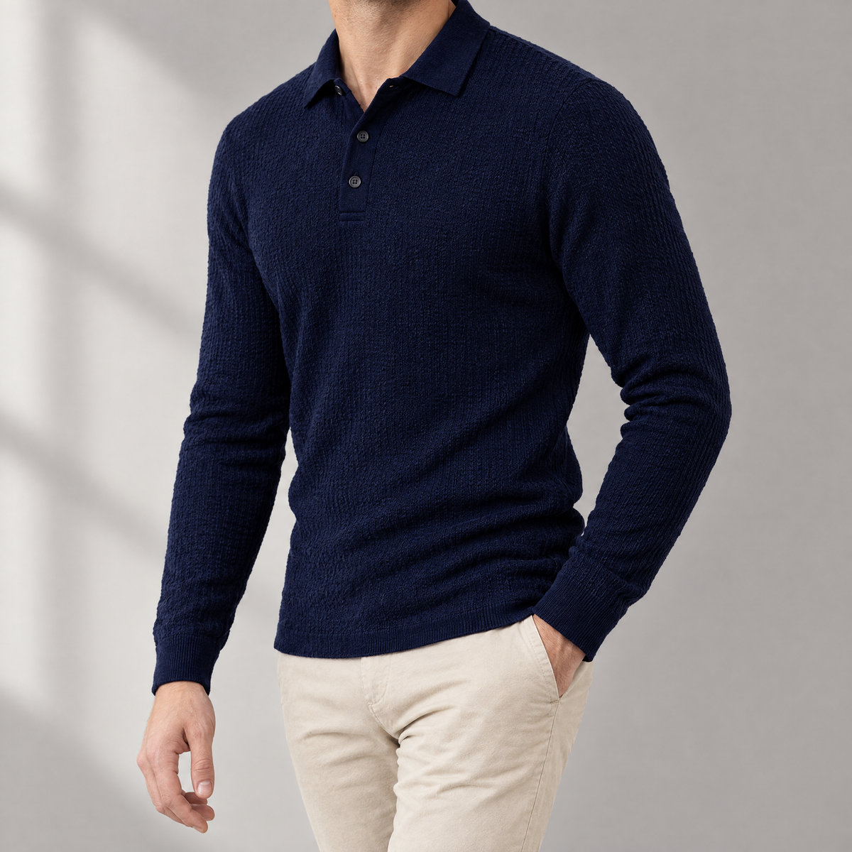 Vittorio men's long sleeve textured knit polo in navy blue, three-quarter view