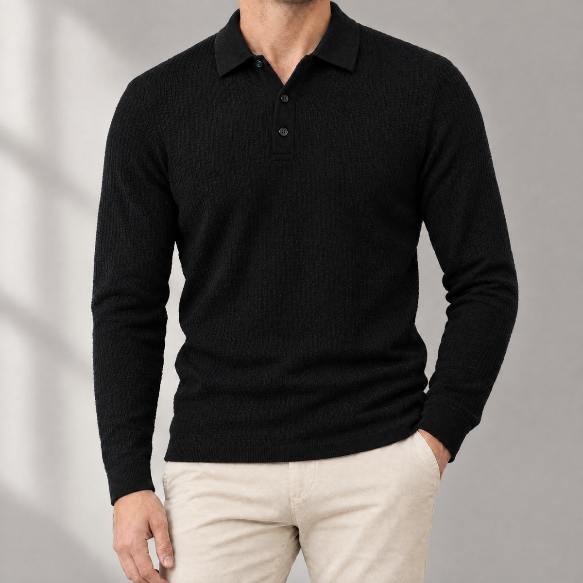 Vittorio long sleeve textured knit polo in black