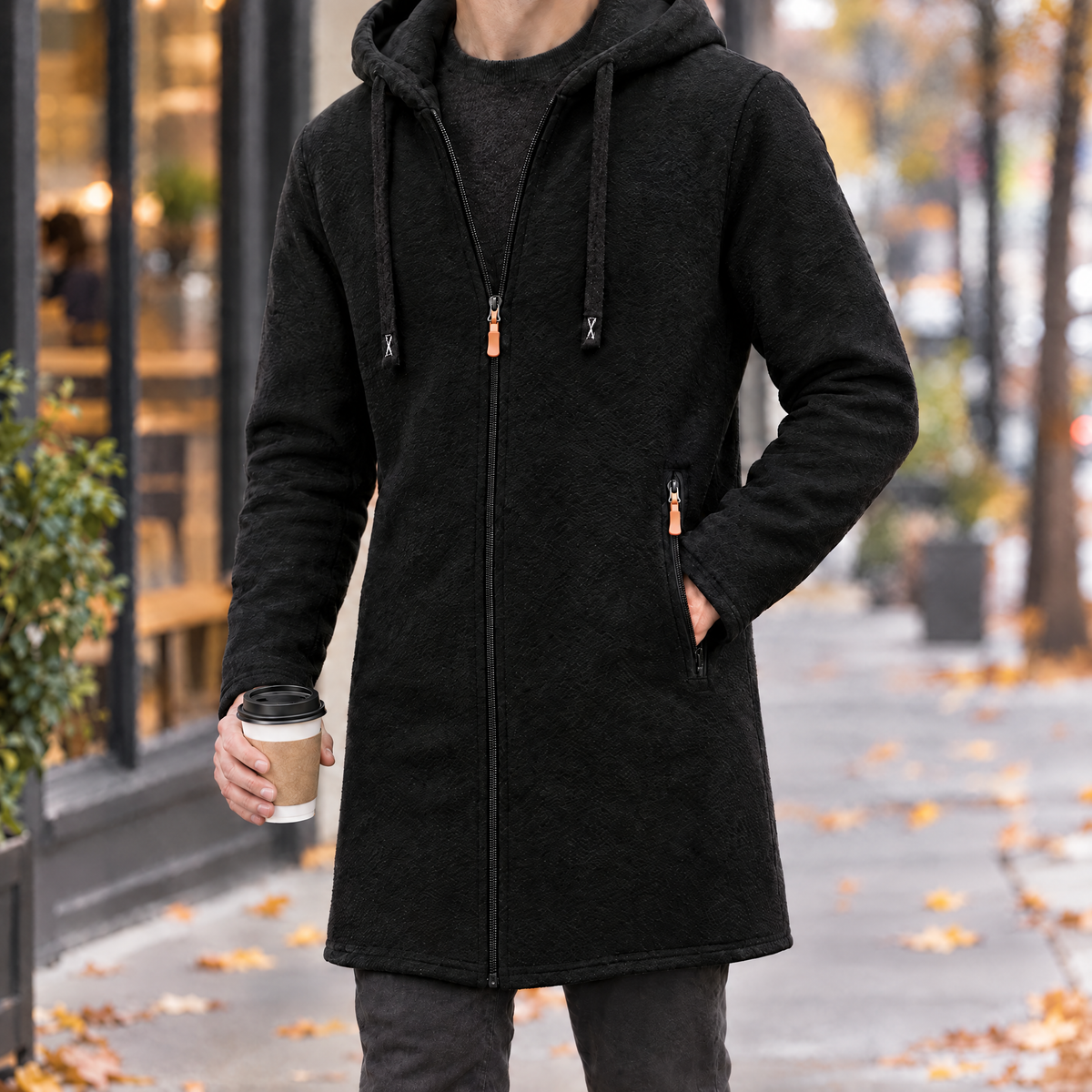 Paolo men's thick fleece full zip hooded jacket in black, three-quarter view