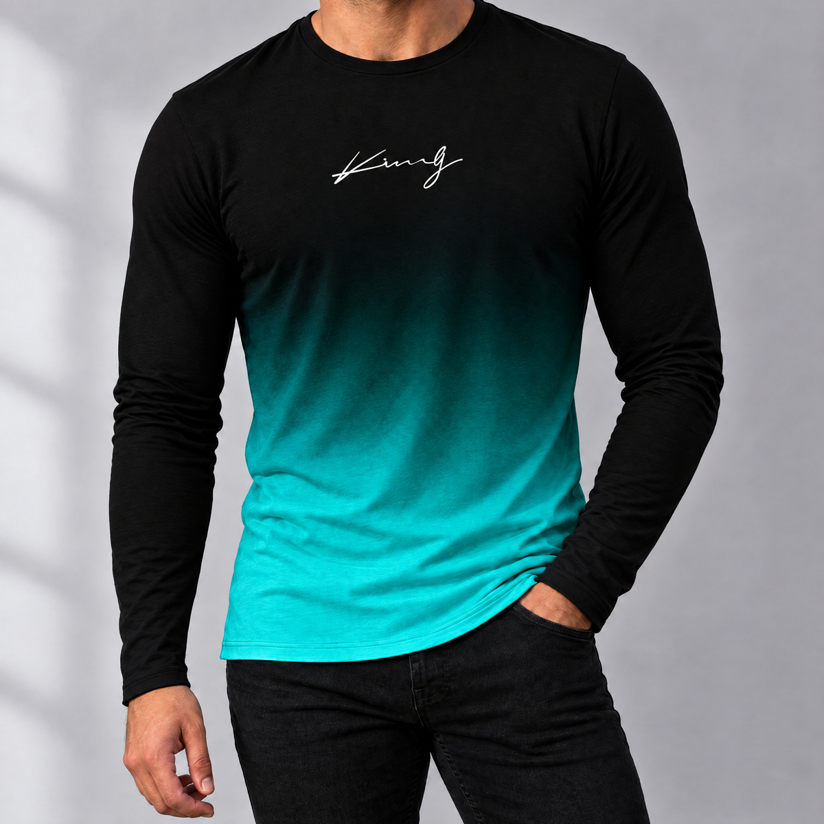 Enzo men's black to teal gradient long sleeve tee, front view