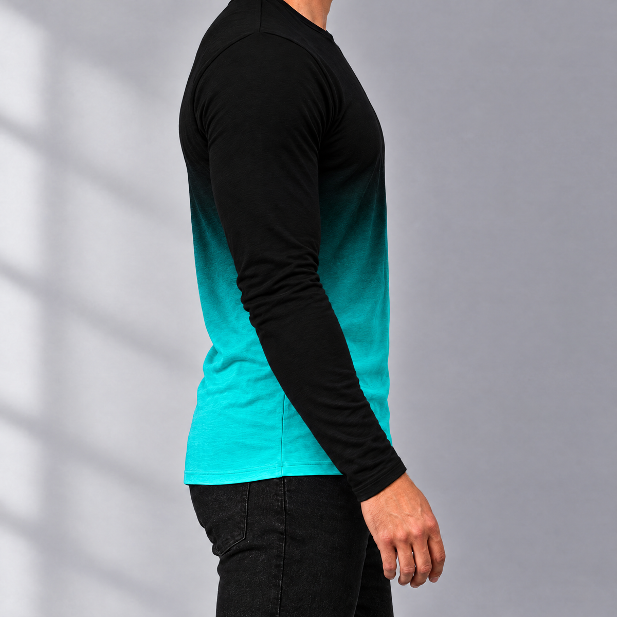 Enzo men's black to teal gradient long sleeve tee, side view