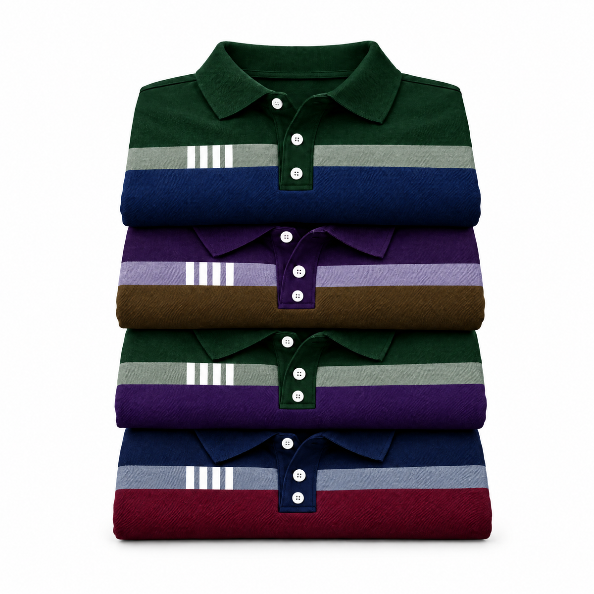 Rafael color block polo in all four colorways, folded and stacked