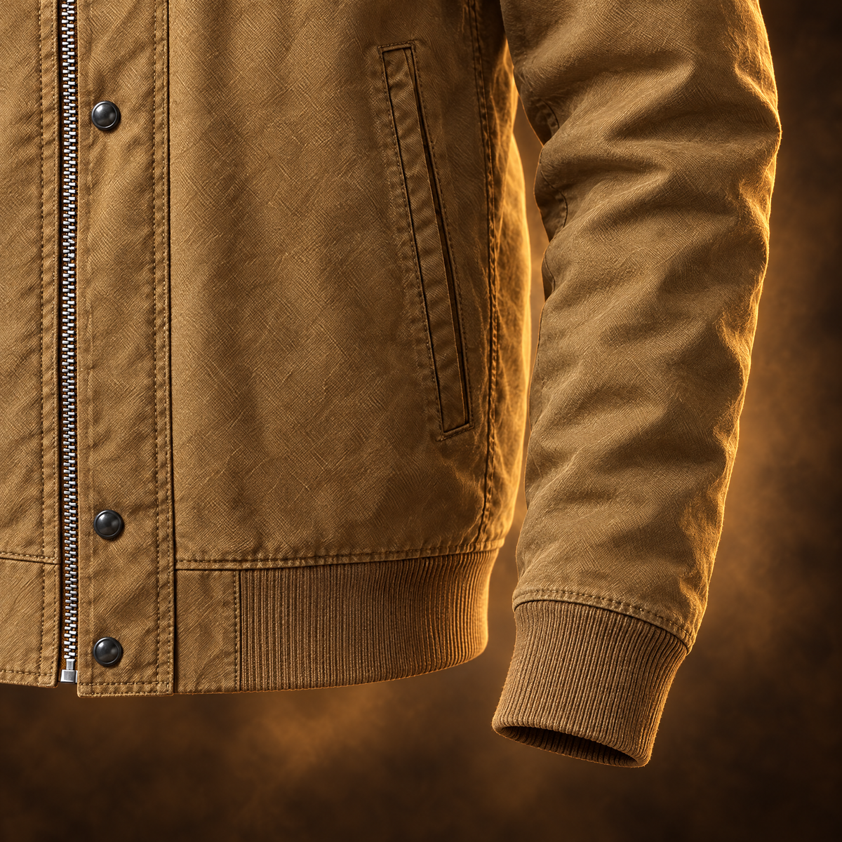 Corrado Stand Collar Utility Field Jacket for Men in khaki, rib-knit cuff and hem close-up