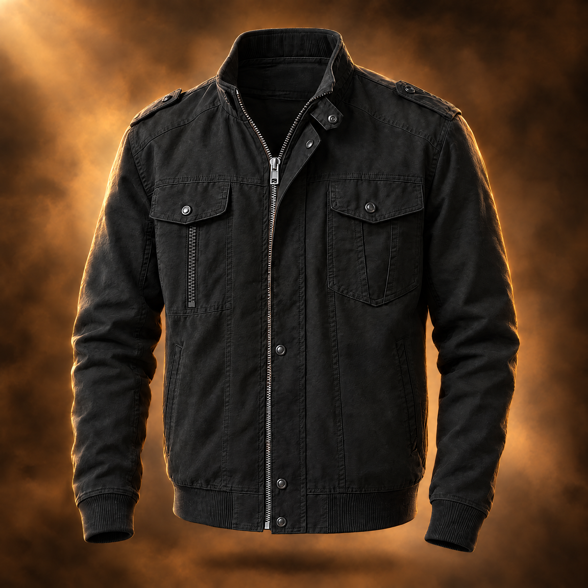 Corrado Stand Collar Utility Field Jacket for Men in black, front view