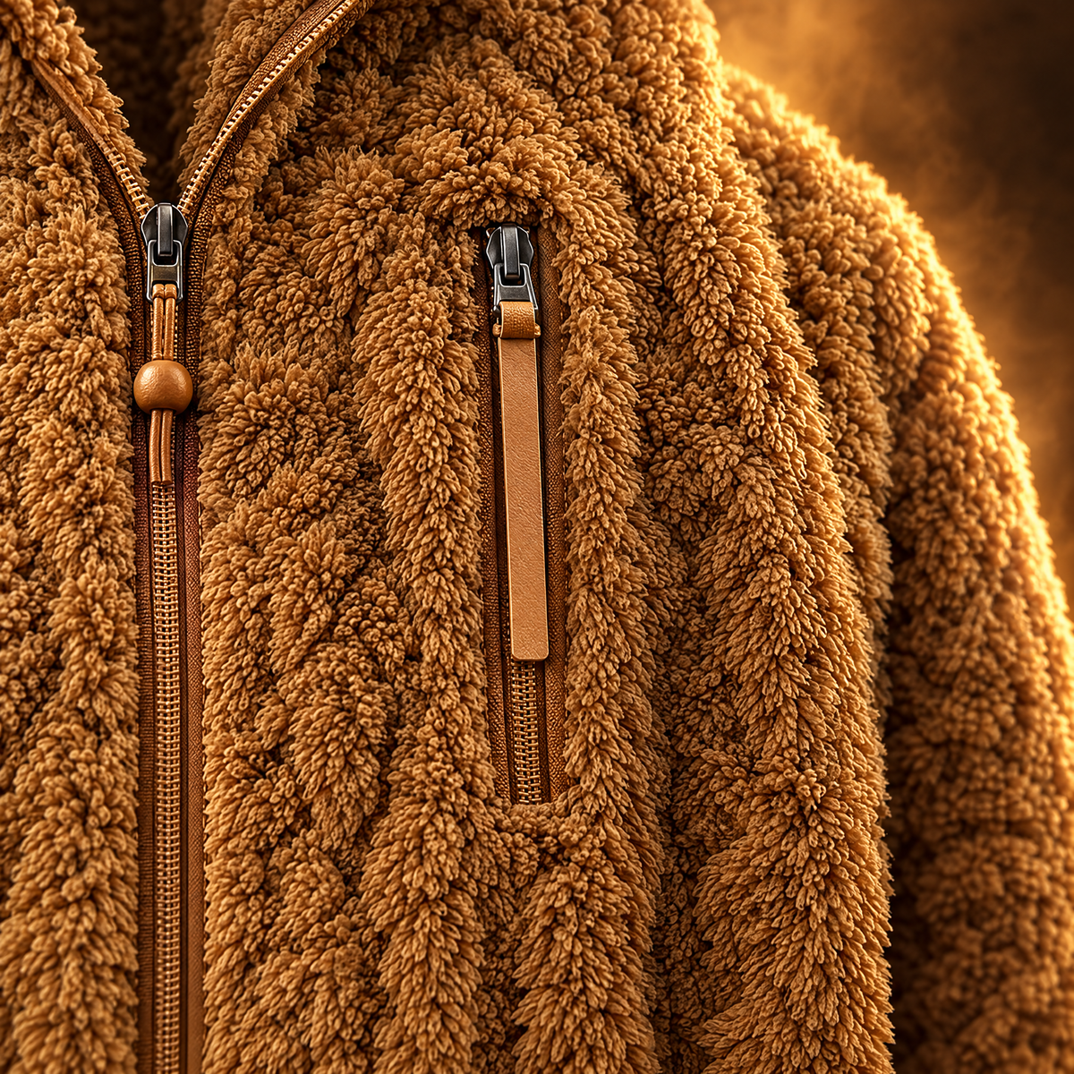 Teodoro Hooded Fleece Lined Zip Up Jacket for Men in brown, zip chest pocket close-up
