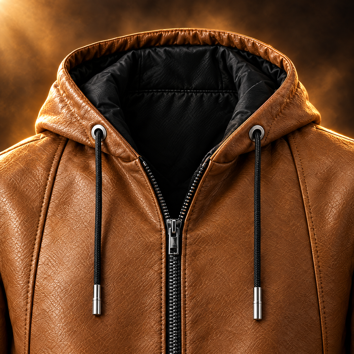 Saverio Hooded Faux Leather Bomber Jacket for Men in yellowish brown, drawstring hood close-up