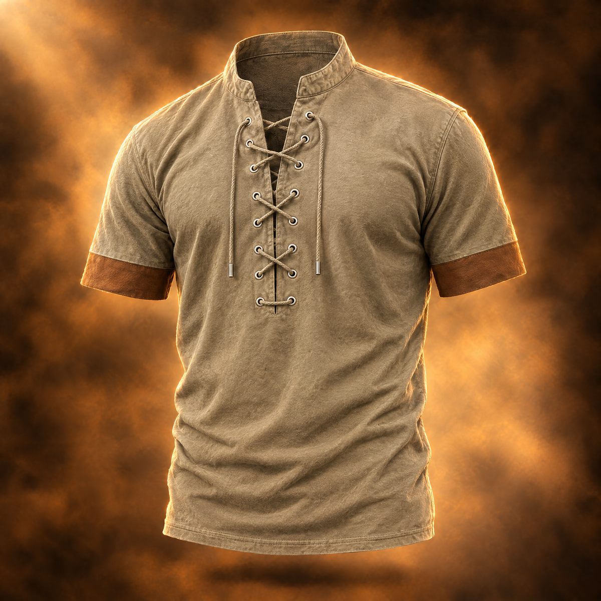 Orlando Retro Lace Up Collared T-Shirt for Men in khaki, front view