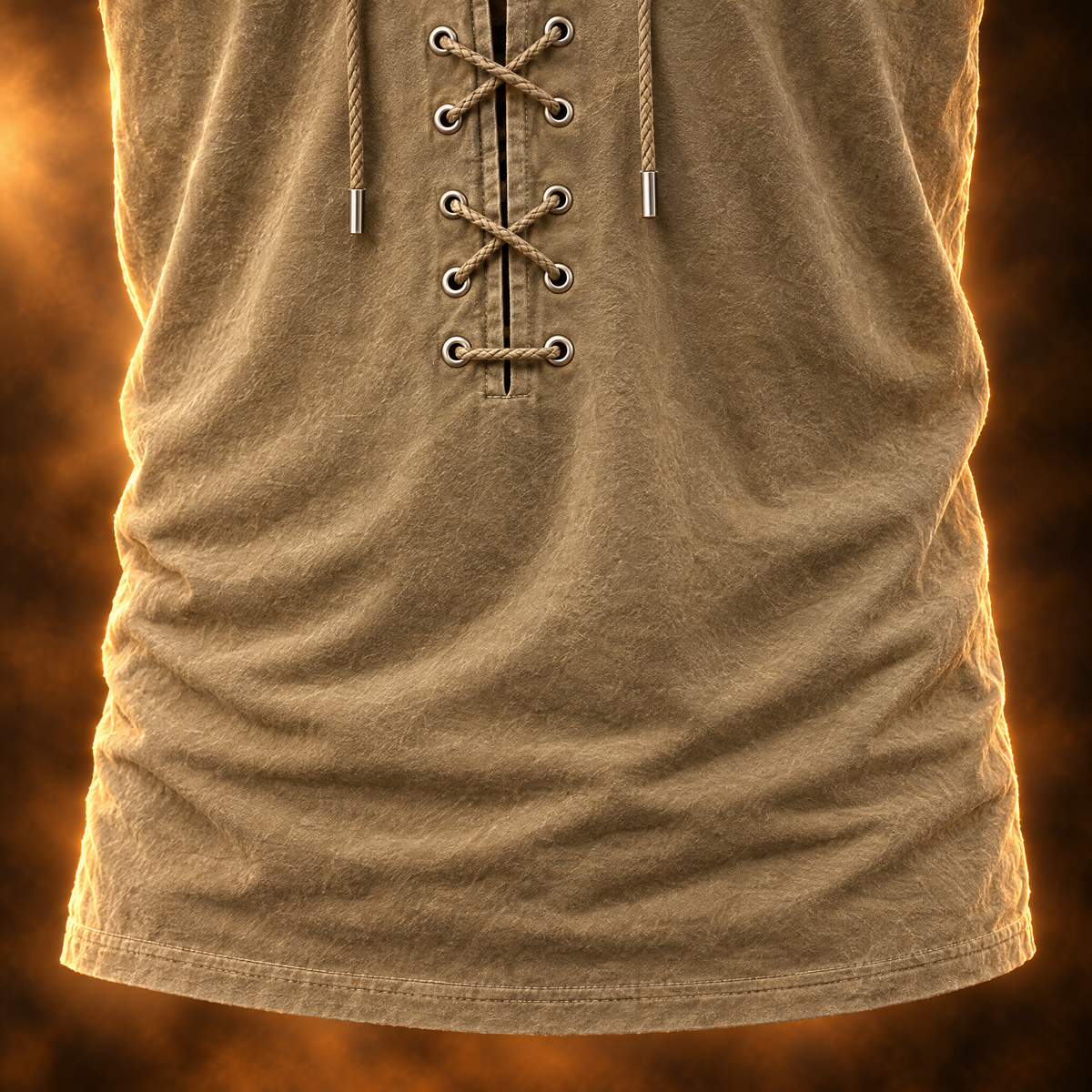 Orlando Retro Lace Up Collared T-Shirt for Men in khaki, lower placket and fabric close-up