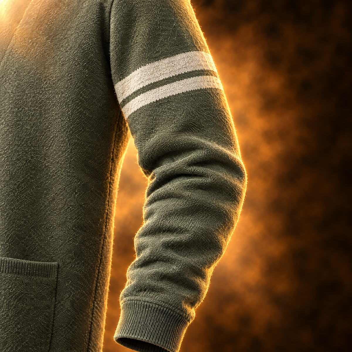 Cosimo Varsity Stripe Button Front Knit Cardigan for Men in green, varsity sleeve stripes and ribbed cuff close-up