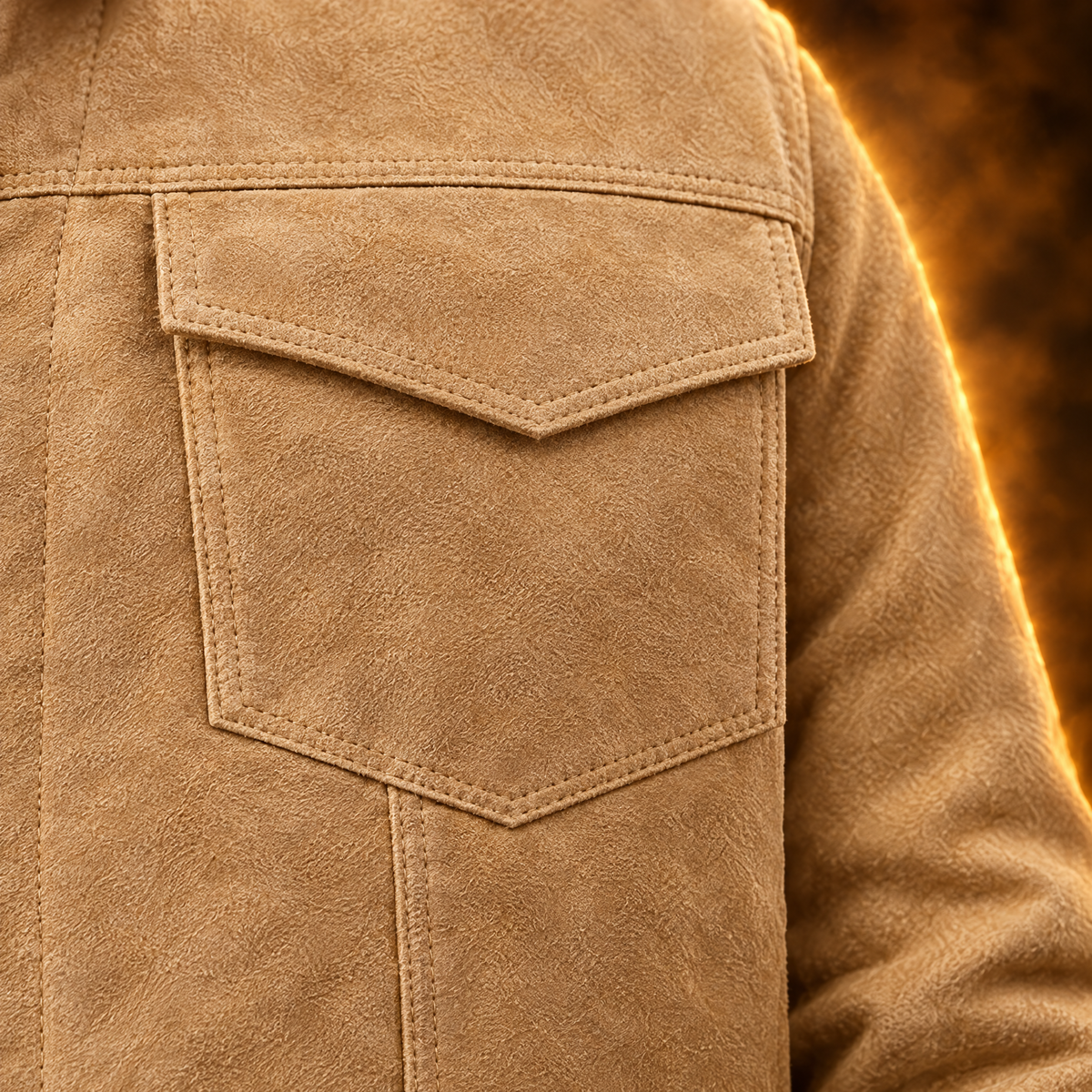 Bastien Faux Suede Button Up Trucker Jacket for Men in apricot, flap chest pocket close-up