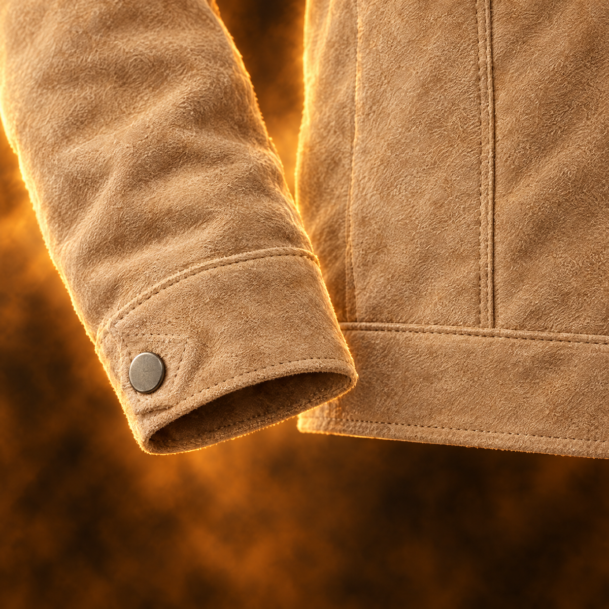 Bastien Faux Suede Button Up Trucker Jacket for Men in apricot, button cuff and hem band close-up
