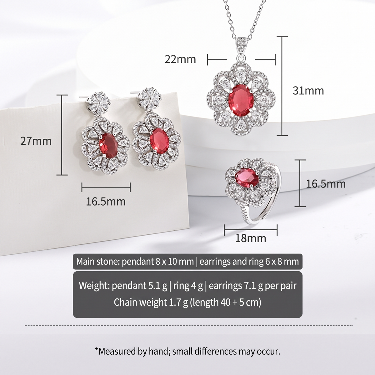 Red flower jewelry set dimensions: pendant, earrings and ring sizes