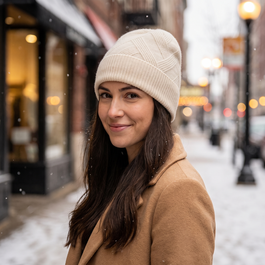 Ornella Cashmere Diamond Knit Cuffed Beanie for Women