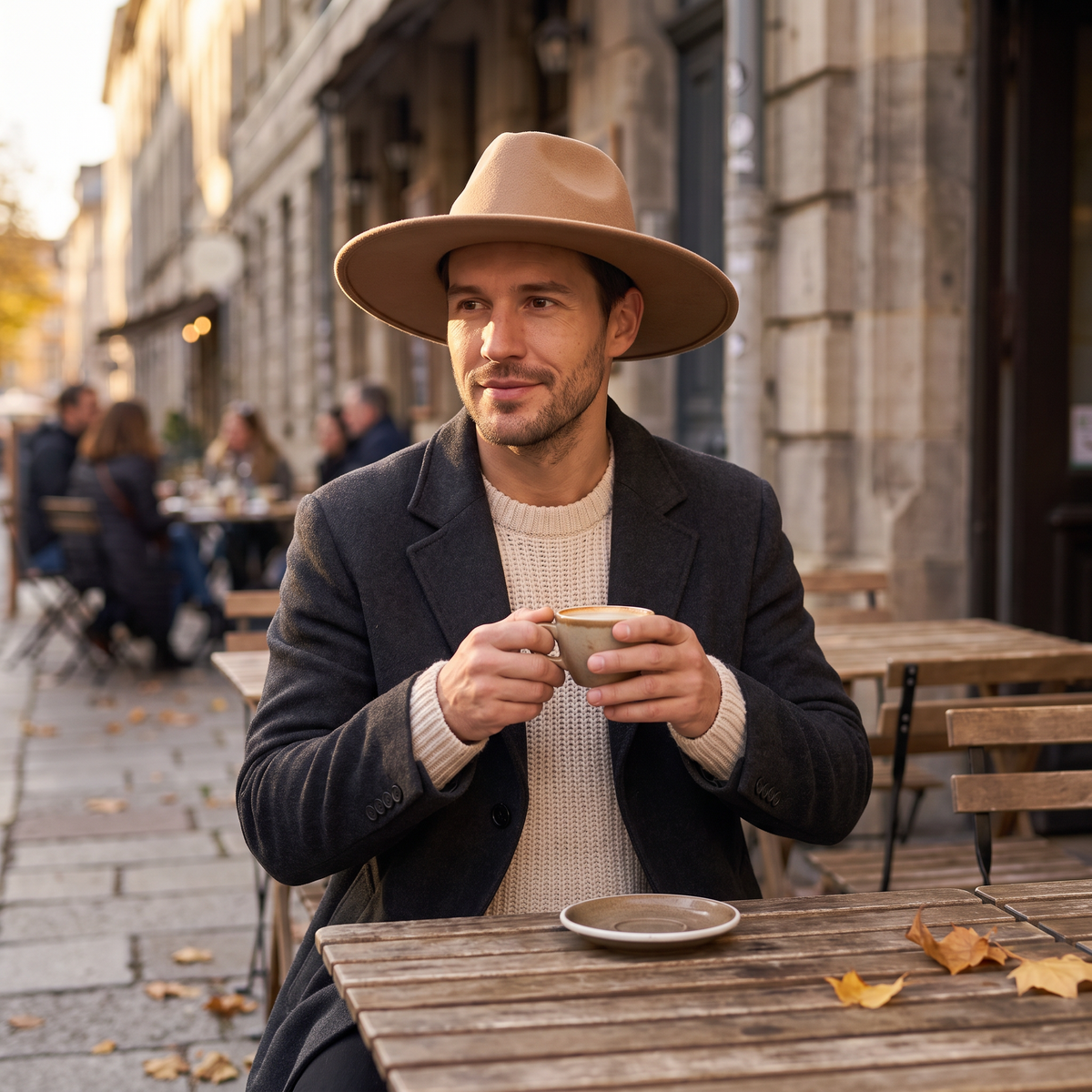 Man wearing a tan wool wide brim fedora at an outdoor cafe in autumn