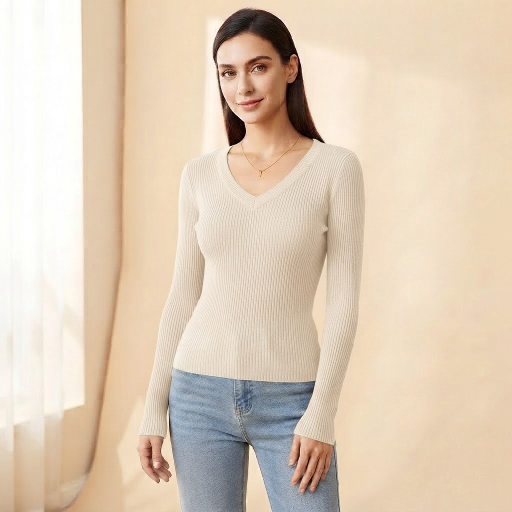Greta ribbed V-neck knit sweater, Cream, front