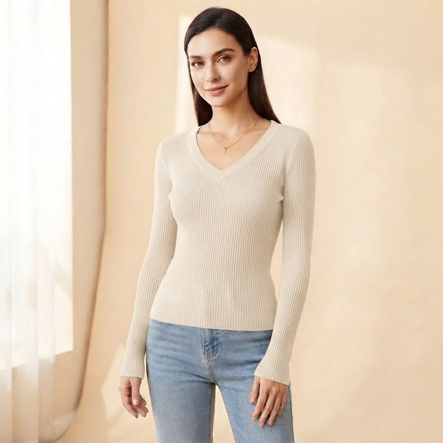 Greta Ribbed V-Neck Knit Sweater for Women