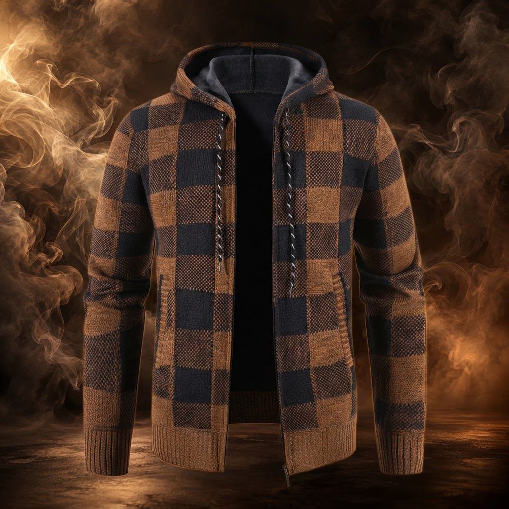 Ignazio brown buffalo check fleece lined hooded sweater jacket, front