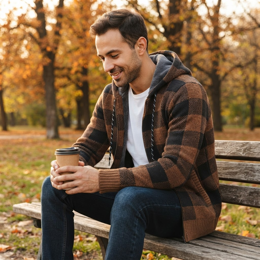 Man in the Ignazio plaid hooded sweater jacket on a park bench in autumn