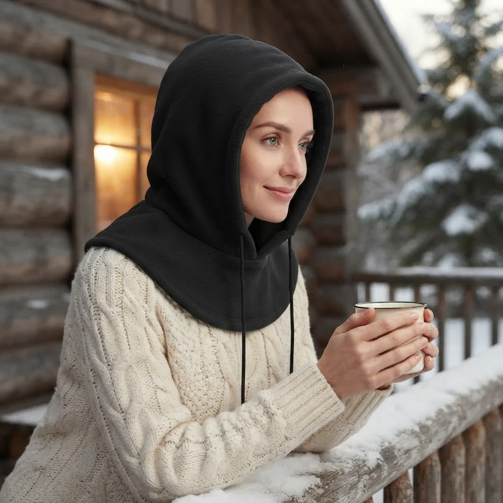 Ilario fleece balaclava hood worn on a snowy cabin porch