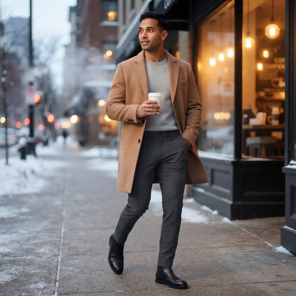 Man in Nazareno dark gray slim pants outside a coffee shop in winter