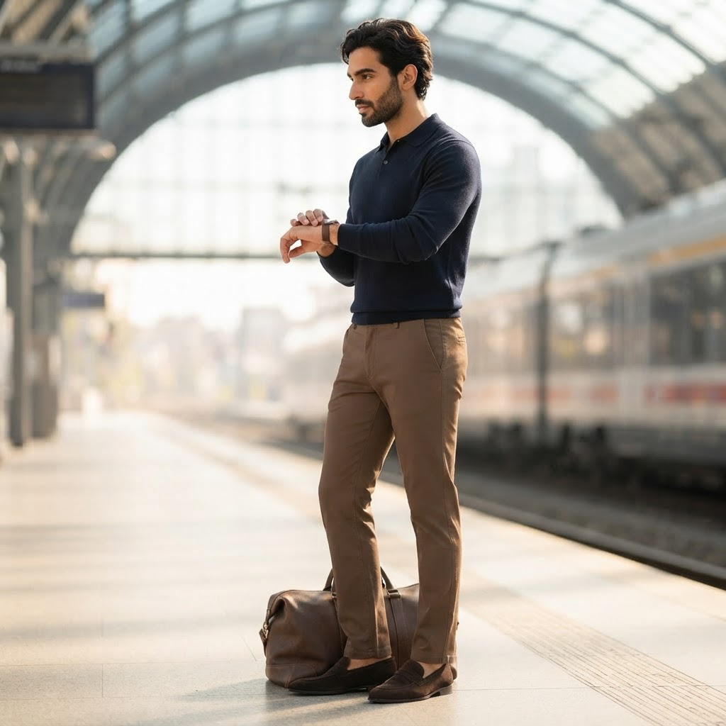 Luciano slim chinos worn on a train station platform