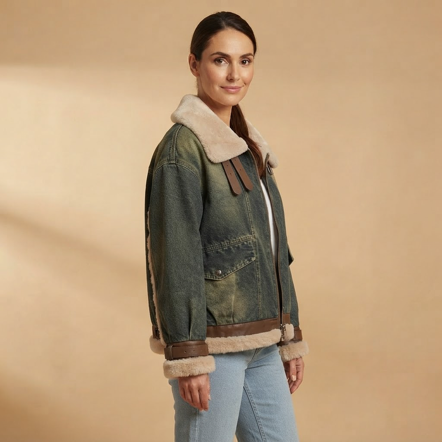 Lucrezia Wool Sherpa Lined Vintage Denim Jacket for Women