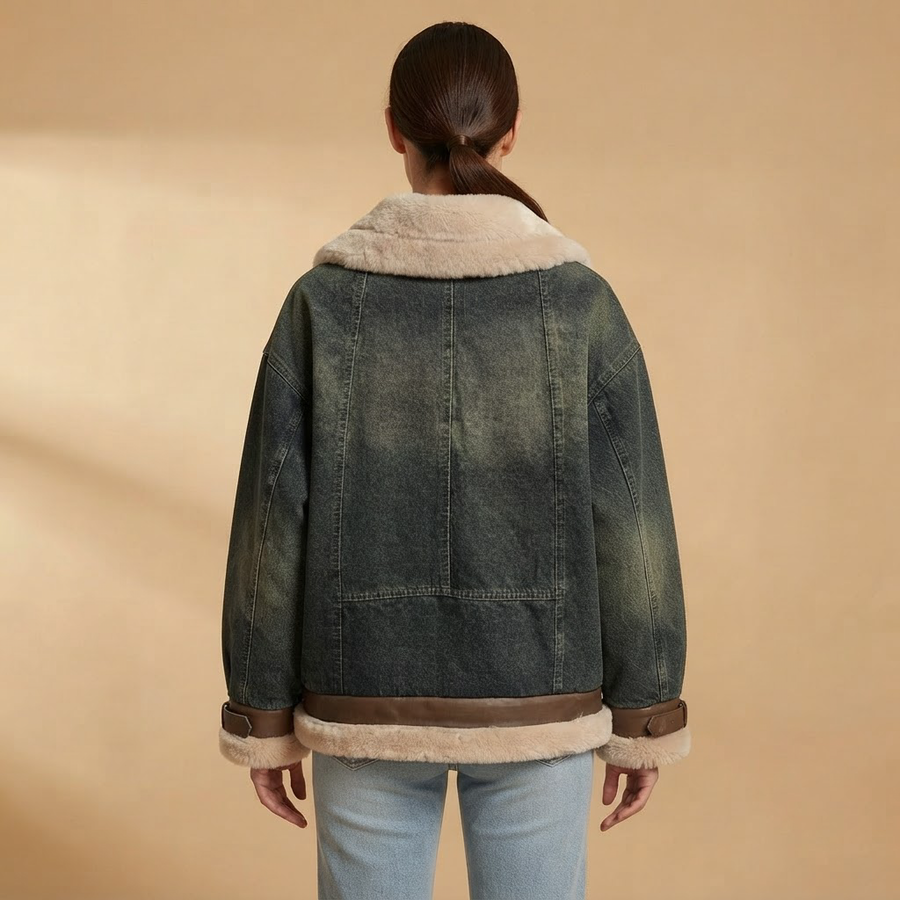 Lucrezia Wool Sherpa Lined Vintage Denim Jacket for Women