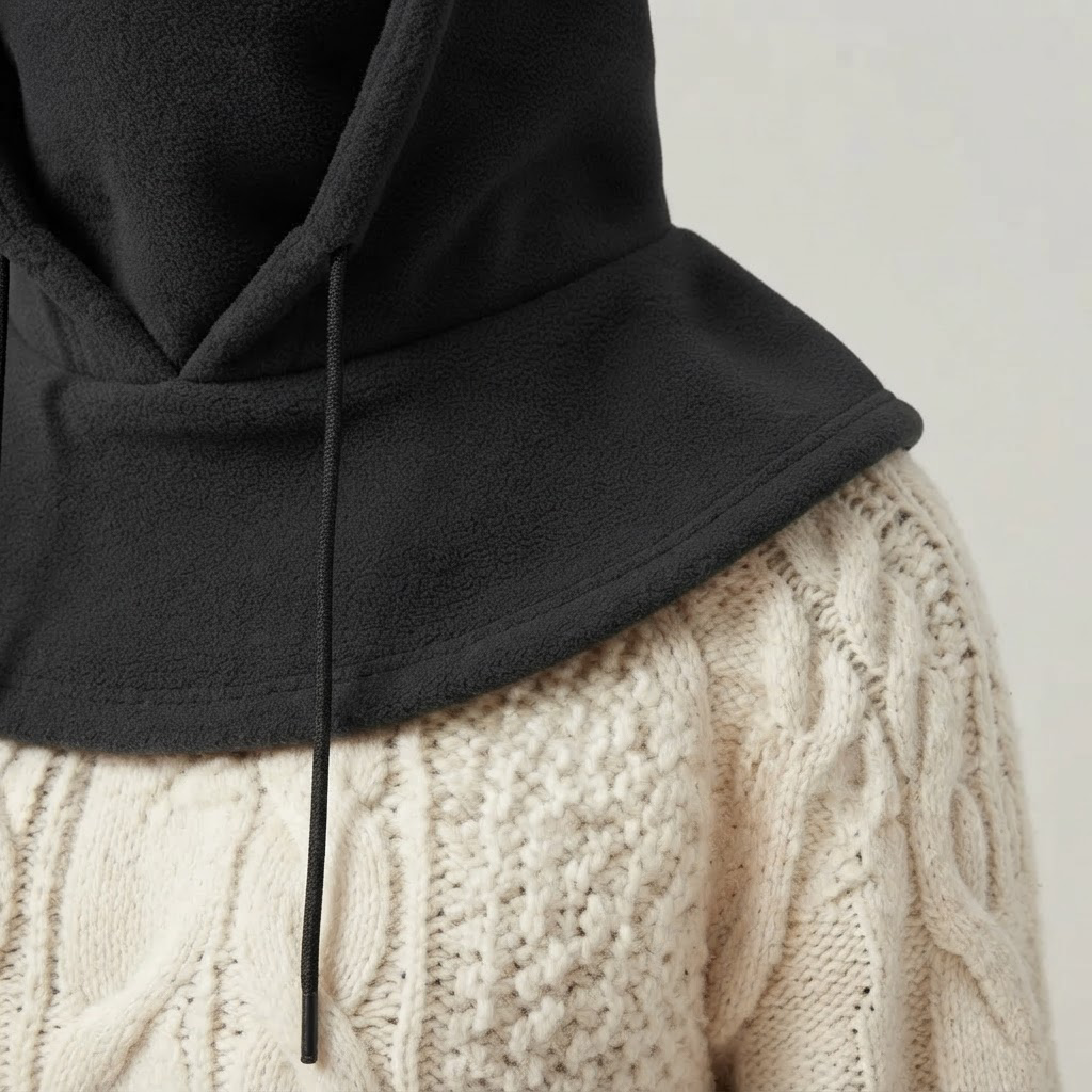Long fleece neck panel draping over the shoulders, close-up
