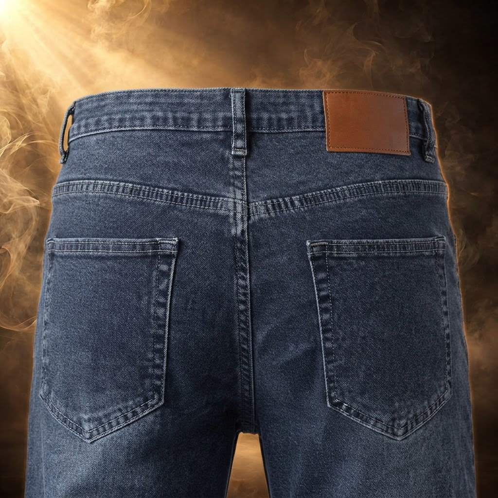 Leather patch at the back waistband, close-up