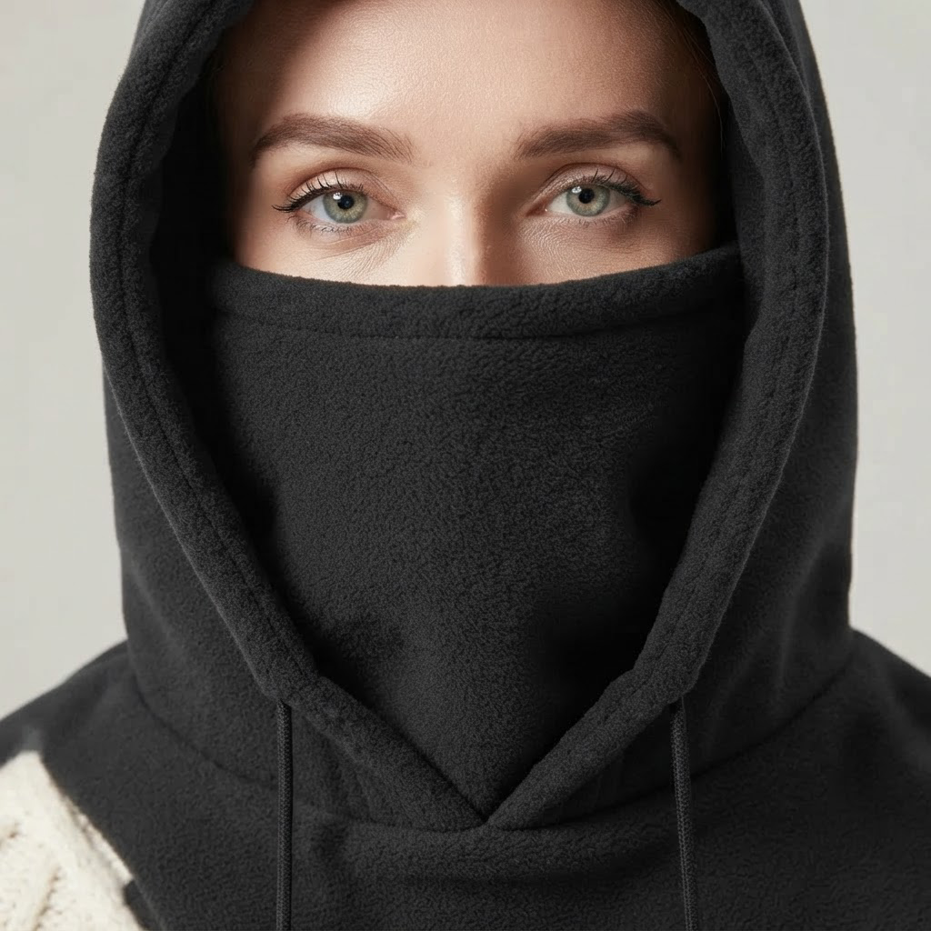 Soft polar fleece hood opening and face panel, close-up