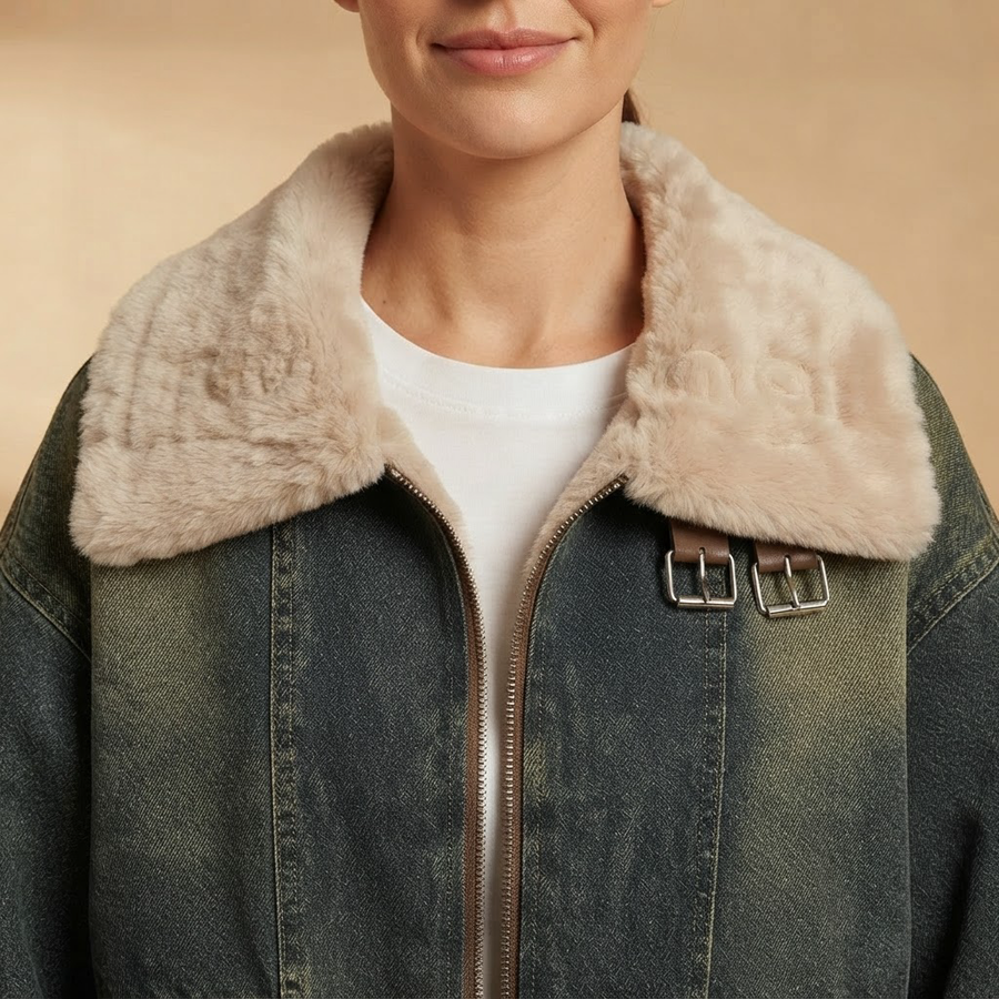Lucrezia Wool Sherpa Lined Vintage Denim Jacket for Women