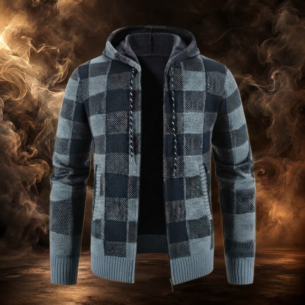 Ignazio hooded sweater jacket in slate blue and black plaid