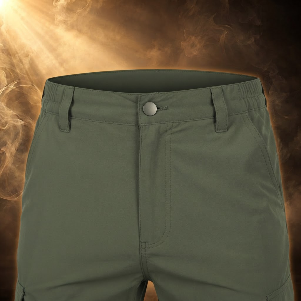 Waistband with belt loops and metal button, close-up