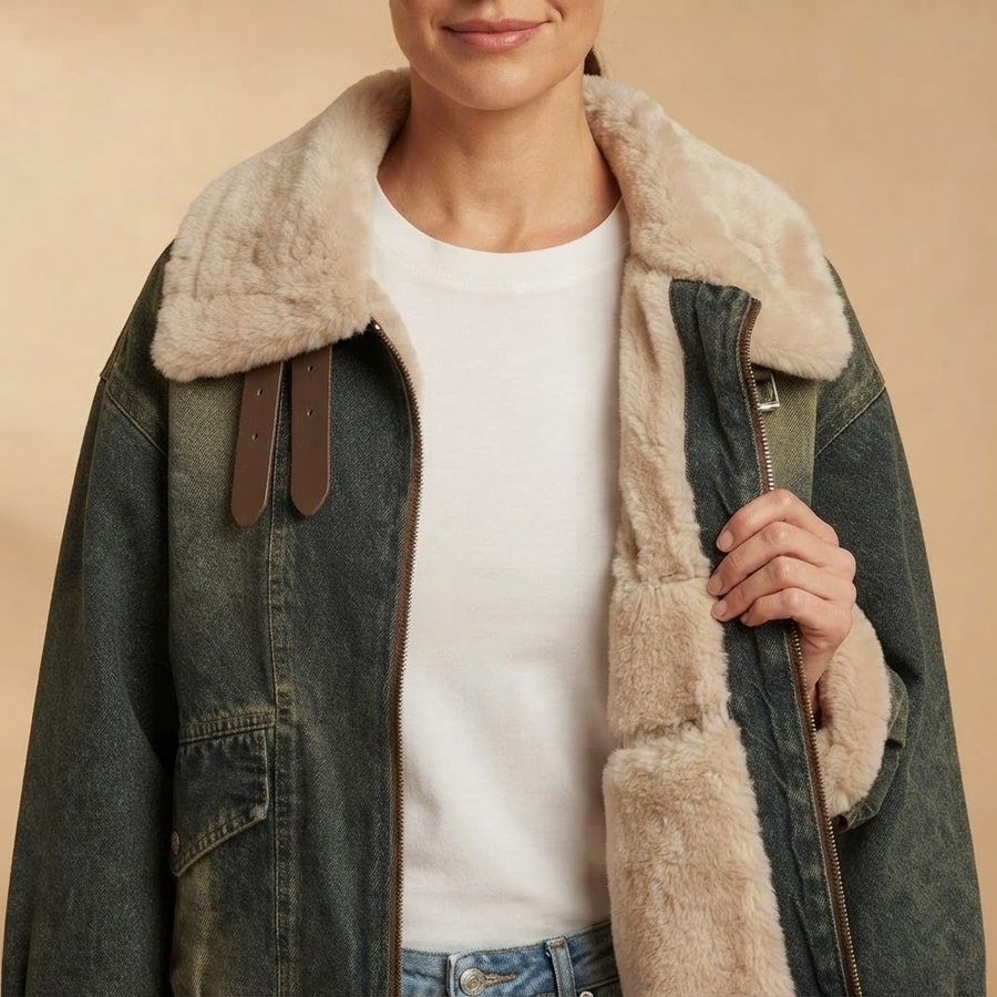 Lucrezia Wool Sherpa Lined Vintage Denim Jacket for Women
