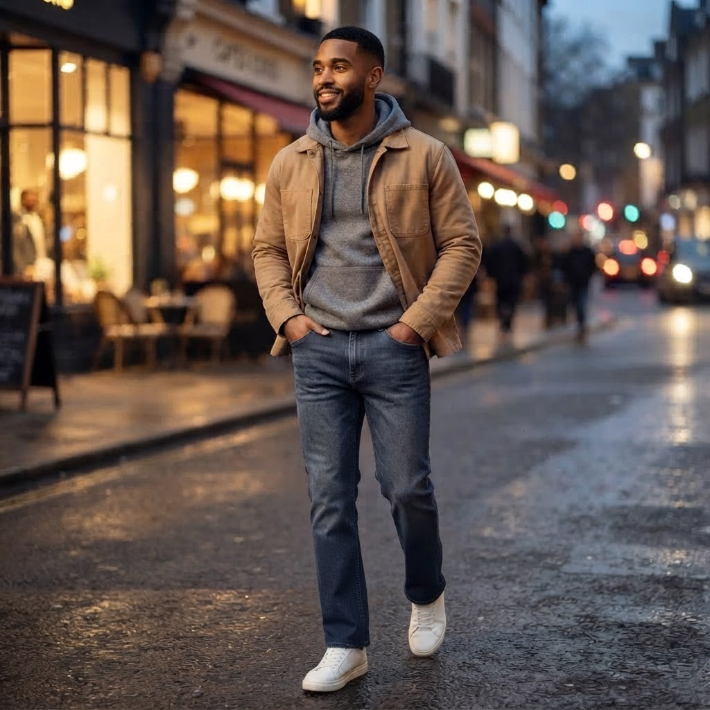 Man in Leone dark blue straight leg jeans on an evening city street