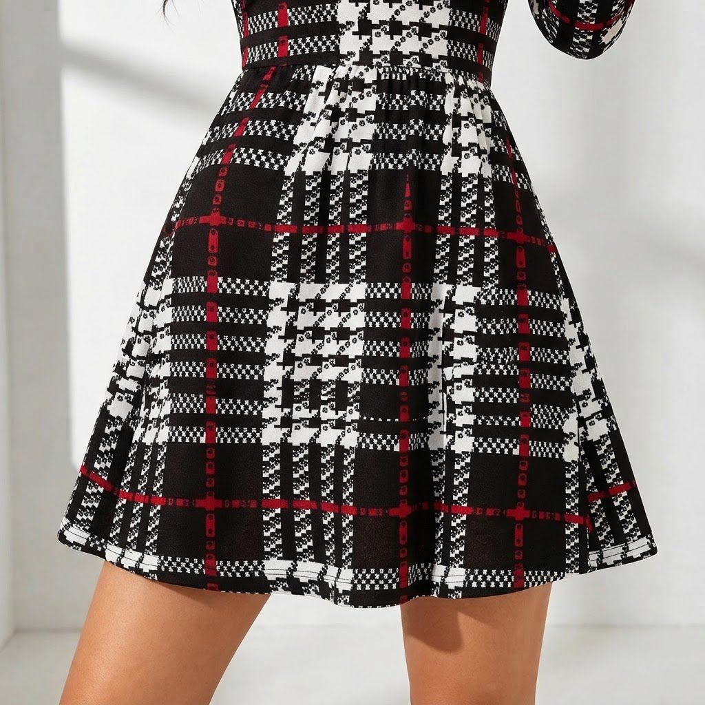 Sofia Houndstooth Plaid Mock Neck A-Line Dress for Women - close-up, hem