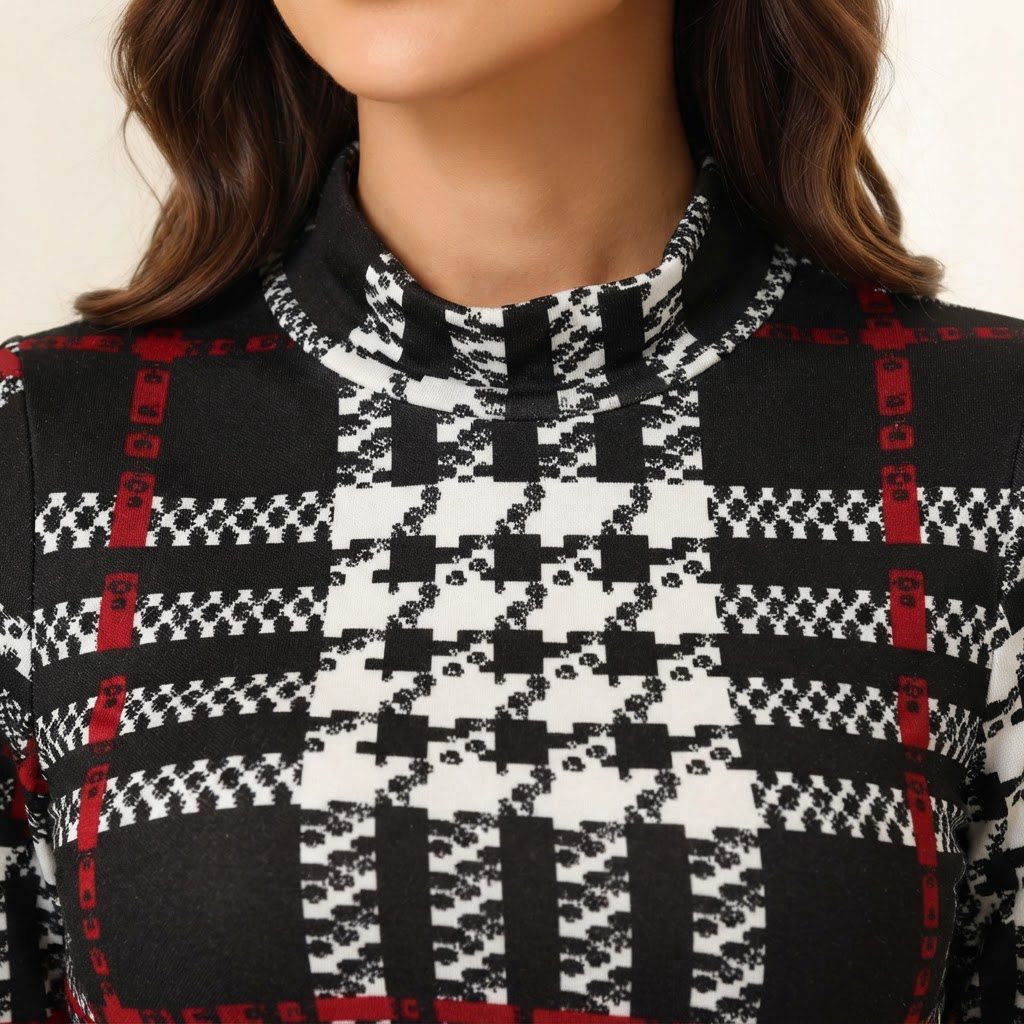 Sofia Houndstooth Plaid Mock Neck A-Line Dress for Women - close-up, neck