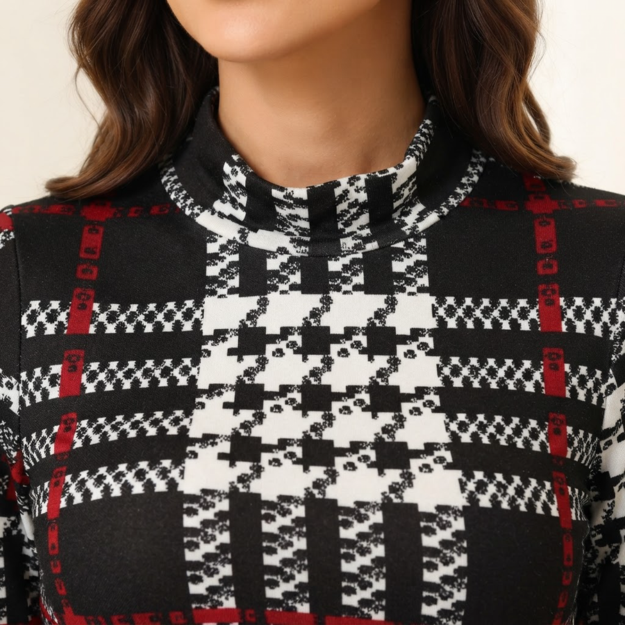 Sofia Houndstooth Plaid Mock Neck A-Line Dress for Women