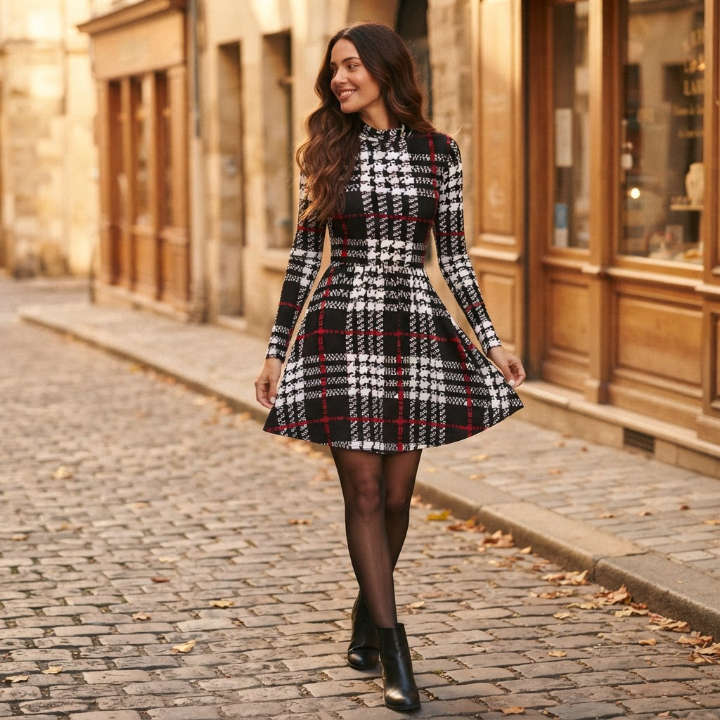 Sofia Houndstooth Plaid Mock Neck A-Line Dress for Women - worn on model