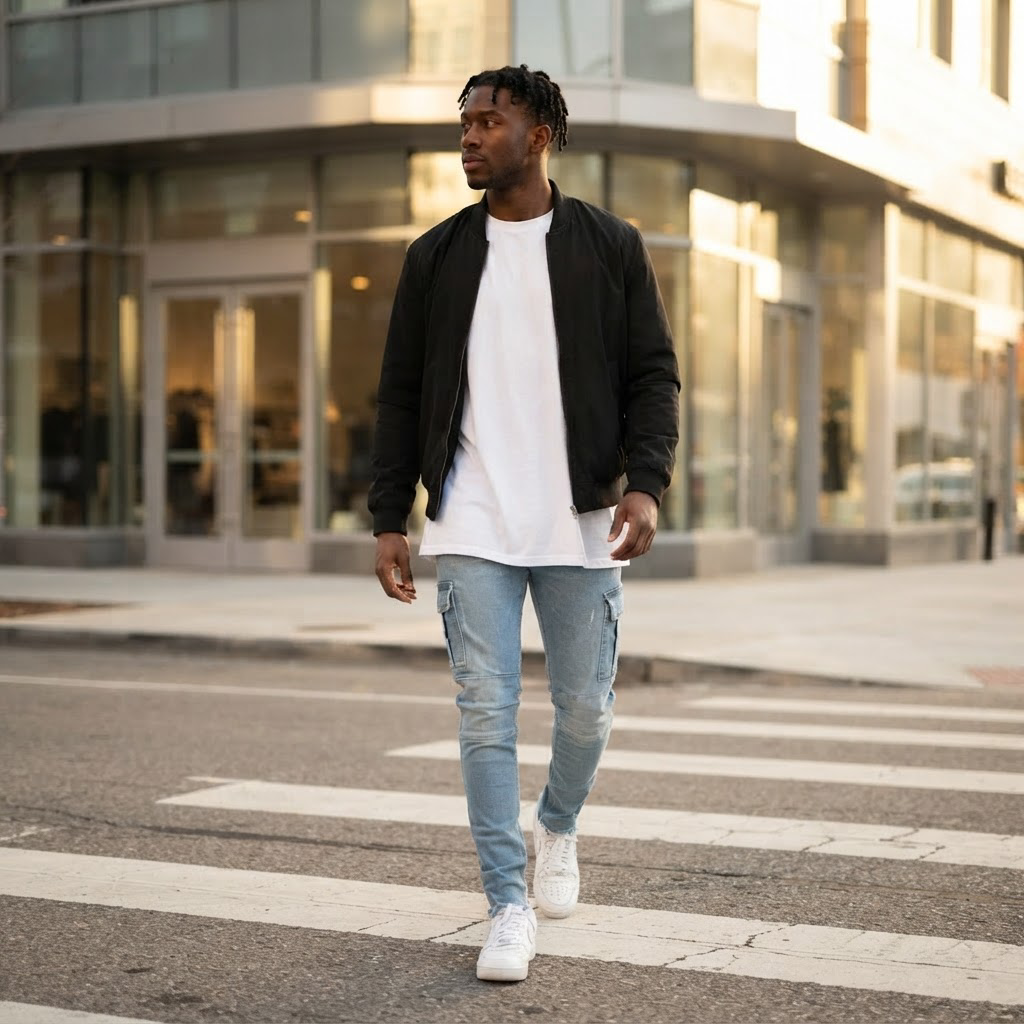 Rinaldo Cotton Denim Slim Cargo Jeans for Men - worn on model