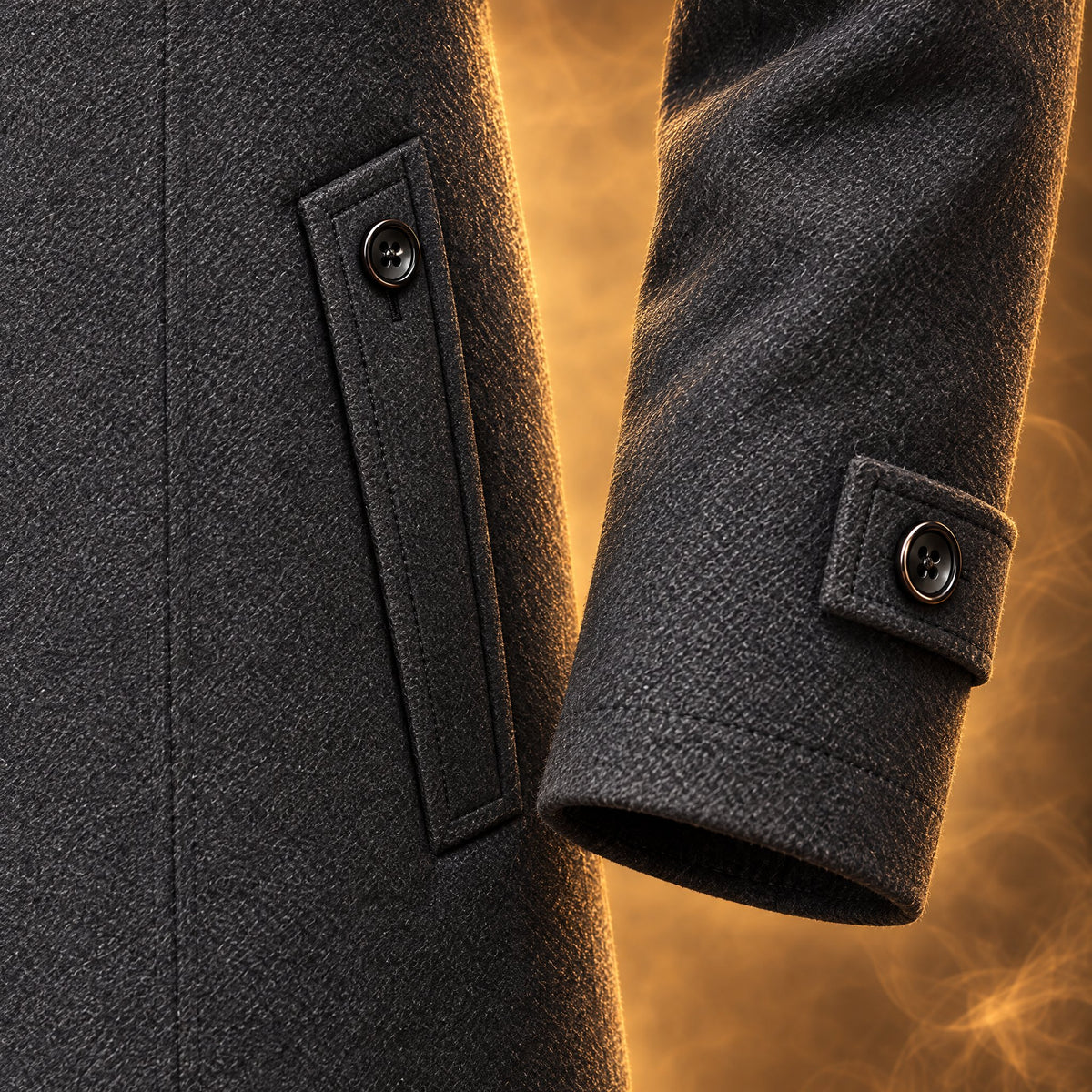 Leonardo Scarf Collar Wool Overcoat for Men, hip welt pocket with button tab close-up
