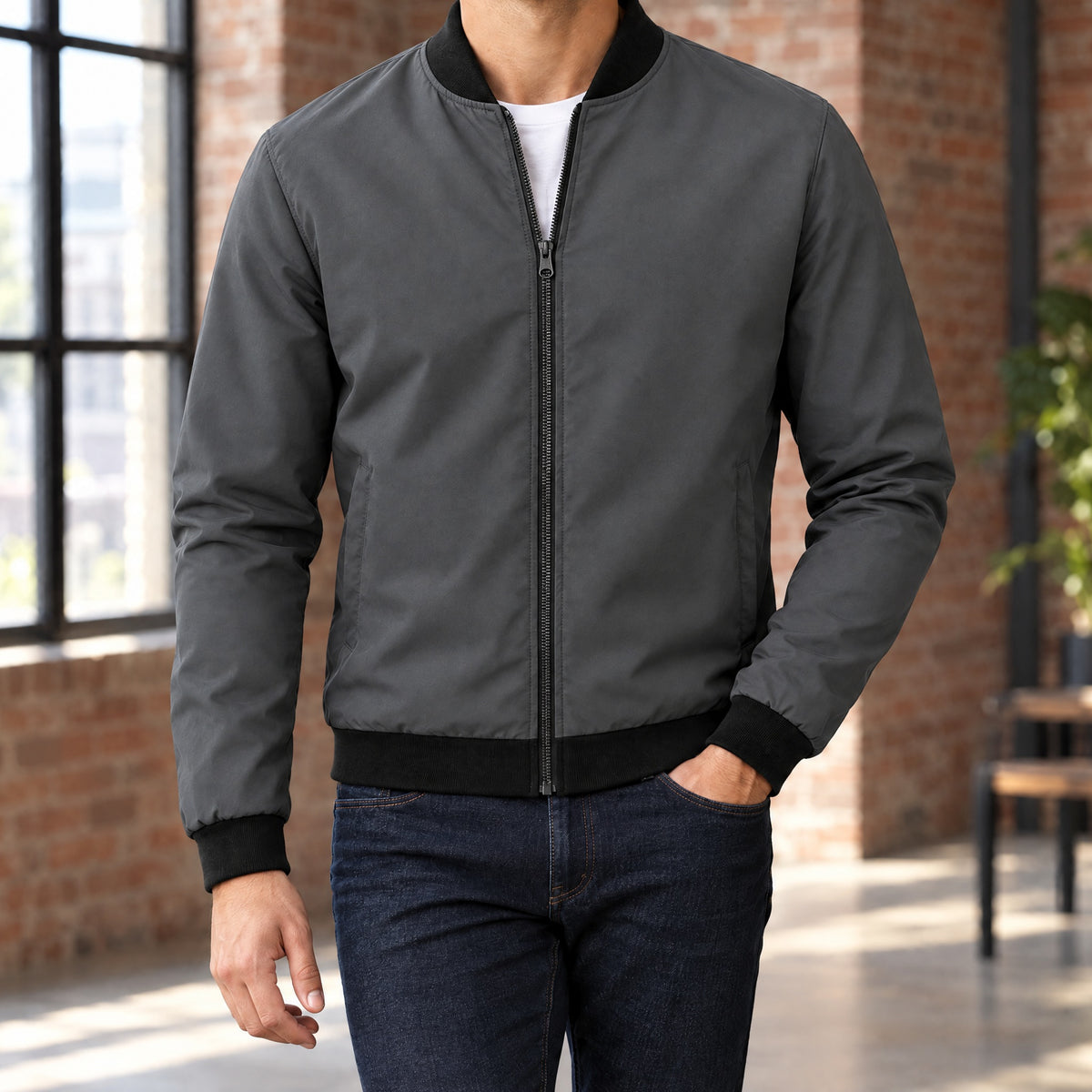 Massimo lightweight bomber jacket in dark gray with black rib trim